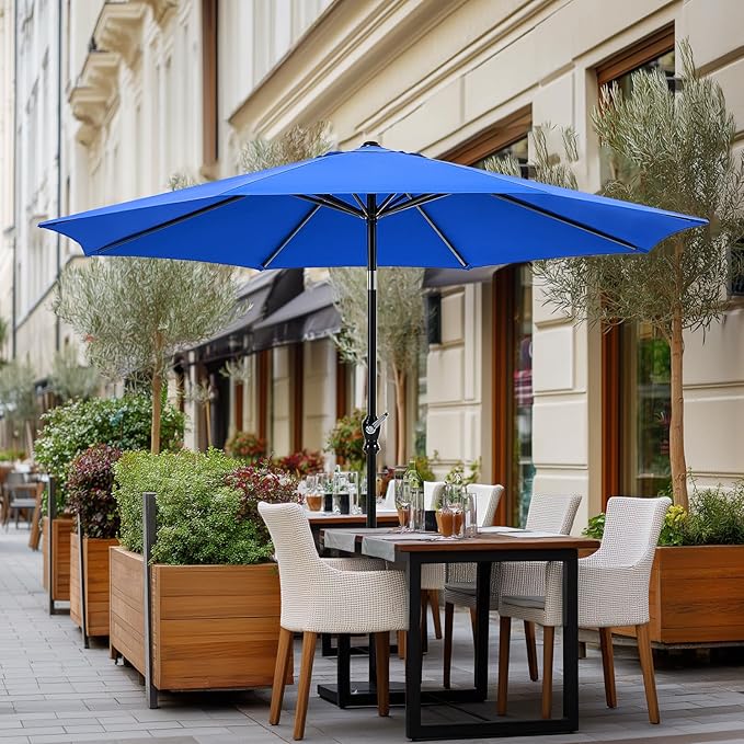 OLIXIS 9ft Patio Umbrella with Tilt and Crank Button & 8 Sturdy Ribs Waterproof, Patio Table Umbrella Perfect for Poolside, Terrace, Beach and Outdoor Restaurant, Blue