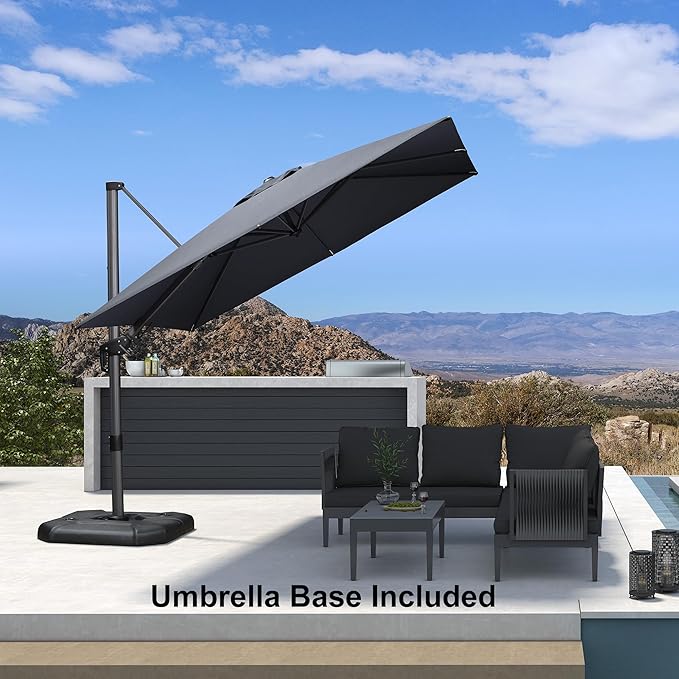 PURPLE LEAF 8.8' X 8.8' Left-right Tilt Patio Umbrella with Base Outdoor Cantilever Swivel Square Umbrella with Tilt Aluminum Offset Umbrella with 360-degree Rotation for Garden Deck Pool Patio Grey