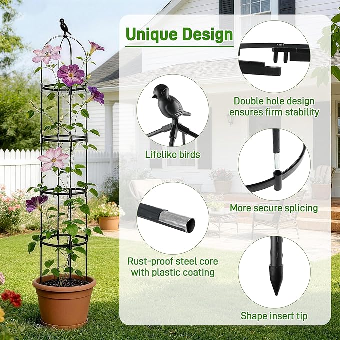 6ft Garden Obelisk Trellis for Climbing Plants-Rustproof Metal Pipe with Heavy Duty Plastic Coated, Garden Outdoor Indoor Potted Plant Support for Clematis Vine Jasmine Support （Black）