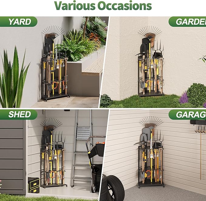 Garden Tool Organizer for Corner - Heavy Duty Metal Rack with 34 Storage Compartments & 14 Hooks for Shovels, Rakes, Long-Handled Tools, Ideal for Garden, Shed, Garage Storage