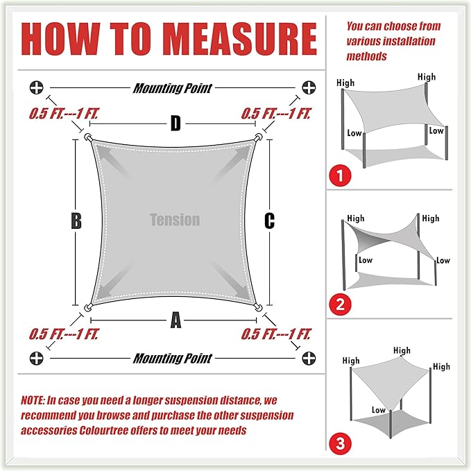 ColourTree TAPR1616 Custom Size 8' x 15' Black Sun Shade Sail Canopy UV Block UPF50 Rectangle - Commercial Standard Heavy Duty - 190 GSM - 3 Years Warranty