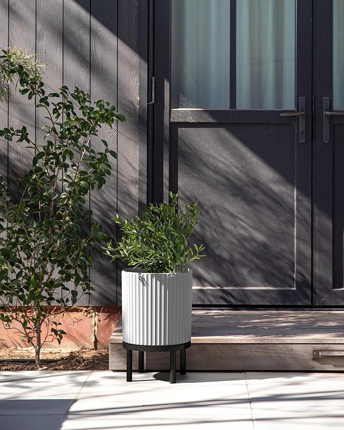 Veradek Demi Series Round Planter w/Stand for Porch/Patio | Durable Plastic-Stone Composite & Wooden Stand | Modern Décor for Tall Plants, Flowers