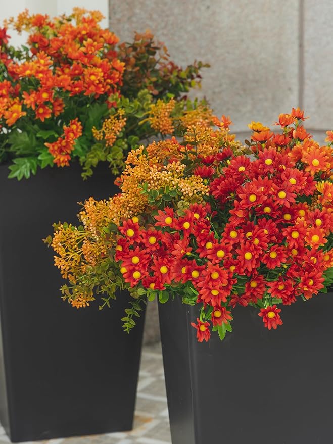 15 pcs Fall Artificial Outdoor Branch with Eucalyptus Leaves, Fake Silk Daisy, Faux Flower for Indoor Outside Hanging Plants Garden Porch Window Box Home Wedding Farmhouse Décor