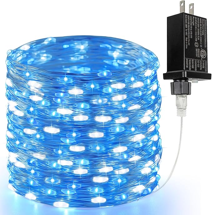 66Ft 200 LED Fairy Lights Plug in, Waterproof String Lights Outdoor & Indoor 8 Modes Christmas Lights Bedroom Decor, Timer Twinkle Light for Girl's Room Garden Party Christmas Decorations (Blue&White)