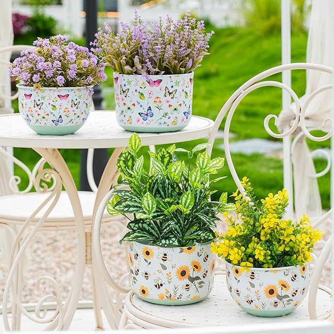 Butterfly & Bee Metal Planters Set of 2 – Decorative Flower Pots with Colorful Garden Prints, Outdoor & Indoor Use Cute Spring Floral Design for Patio, Balcony, Home Decor (Butterfly)