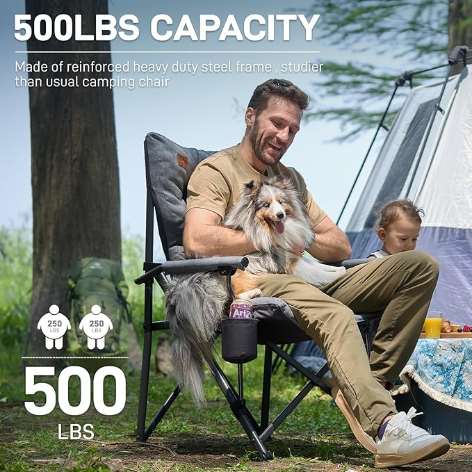 EVER ADVANCED Padded Oversized Folding Camping Chair for Adults, Heavy Duty Lawn Chair with Side Pockets, Portable Collapsible Quad Chair for Outside, Support Up to 500lbs, Grey 2Pack