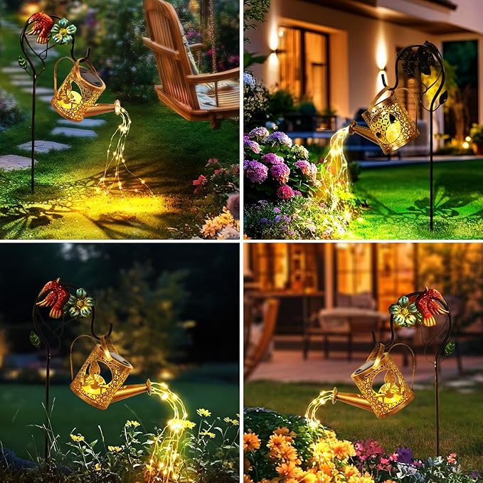 Solar Lights Outdoor Garden Decor Solar Watering Can with Crackle Glass Lights Waterproof Metal Hanging Fairy Lantern for Patio Lawn Yard Outside Decorations- Unique Gift Ideas for Gardening