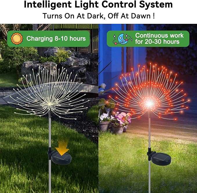 Solar Garden Lights Outdoor Waterproof, 2 Pack 120 LED Solar Firework Lights Decorative Garden Décor Outside for Flowerbed Pathway Party Christmas Decorations, Orange