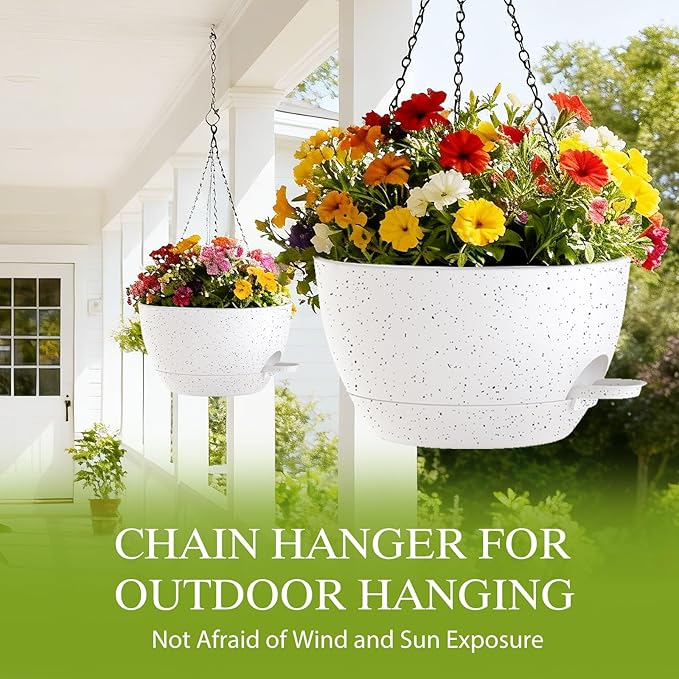10 Inch Hanging Baskets 2 PC with Chains, Self-Watering Hanging Planters for Indoor Outdoor Plants, Plastic Hanging Flower Pots,Speckled White