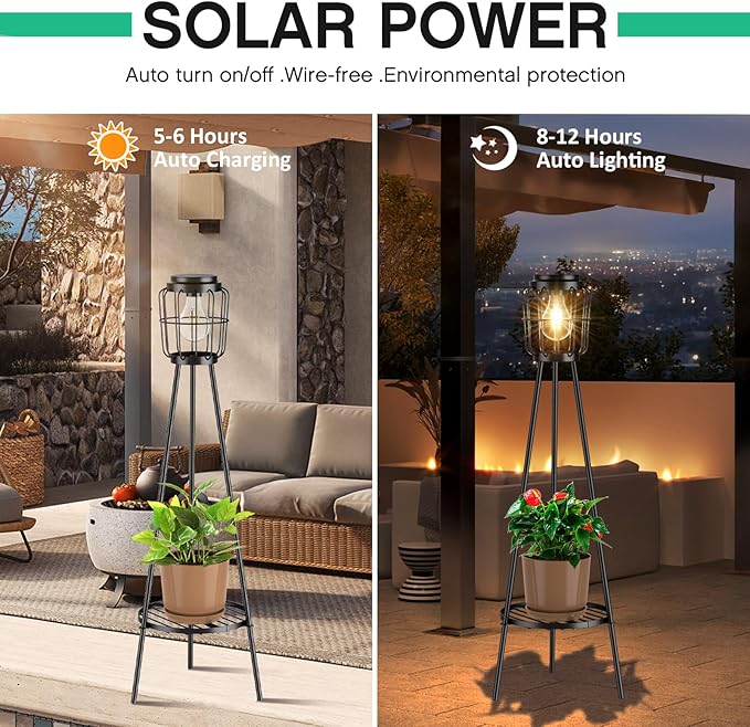 Solar Lights with Plant Stand, Outdoor Floor Lamp, Waterproof Solar LED Edison Bulb Light Flower Shelf for Patio Porch Deck Yard Garden Decor-1 Pack
