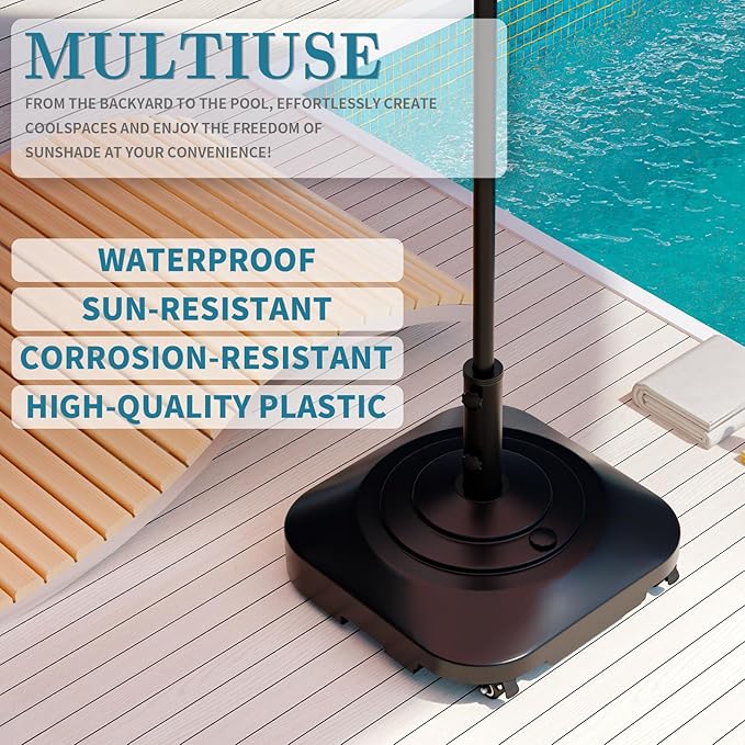 Umbrella Base,Heavy Duty Umbrella Stand with 5 Wheels, Max 135lb Fillable Umbrella Holder Wind-Resistant, Mobile Square Market Stand for Outdoor, Deck, Poolside, Lawn (19)