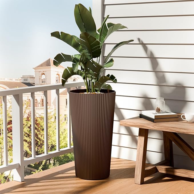 FONTOI 23.6" Tall Planter for Outdoor Plants Set of 2 Large Outdoor Plastic Striped Flower Pots, Front Porch Furniture, Garden Pots, Decorative Planters for Indoor/Outdoor, Patio, Balcony, Brown