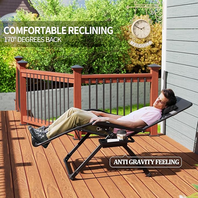 UDPATIO Oversized Zero Gravity Chair 29In XL Patio Reclining Chair with Cushion, Outdoor Folding Recliner with Pillows|Cup Holder|Foot Rest|Padded Headrest, Brown Grey, Support 500LB