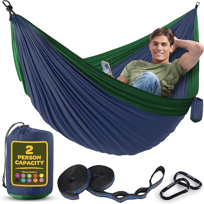 Durable Hammock 500 lb Capacity, Nylon Camping Hammock Chair - Double or Single Sizes w/Tree Straps and Attached Carry Bag - for Travel/Backpacking/Beach/Backyard (Large, Dark Blue & Forest Green)
