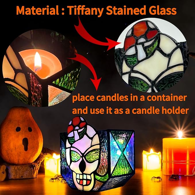 Tiffany Stained Glass Skull Planter,Planters for Indoor Plants,Skull Flower Pot,Candy Bowl,Halloween Planter Decorations 4.6x3x5.15 in