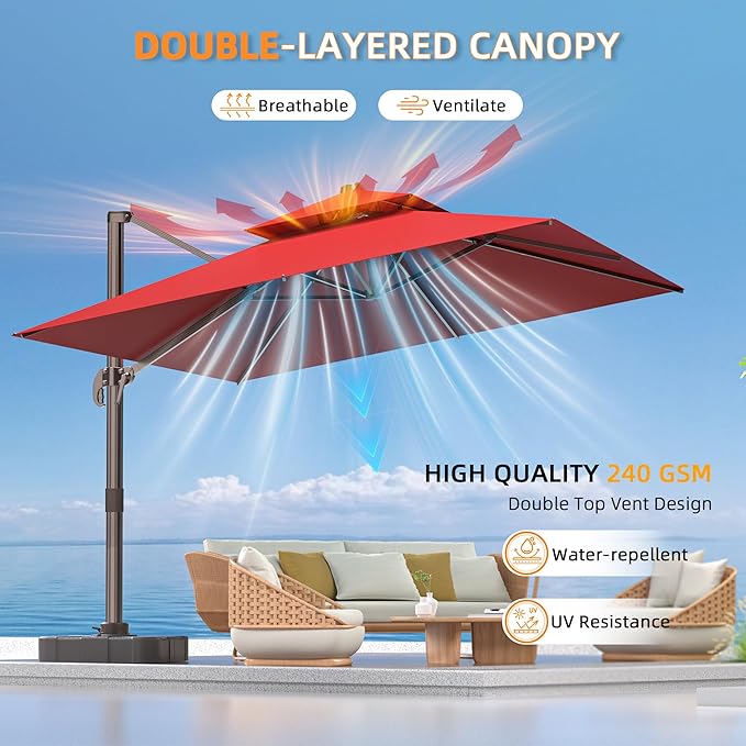 10' X 13' Outdoor Patio Umbrella Large Rectangle Cantilever Umbrella Heavy Duty 360°Rotation Offset Umbrella for Garden Deck Pool Patio,Red
