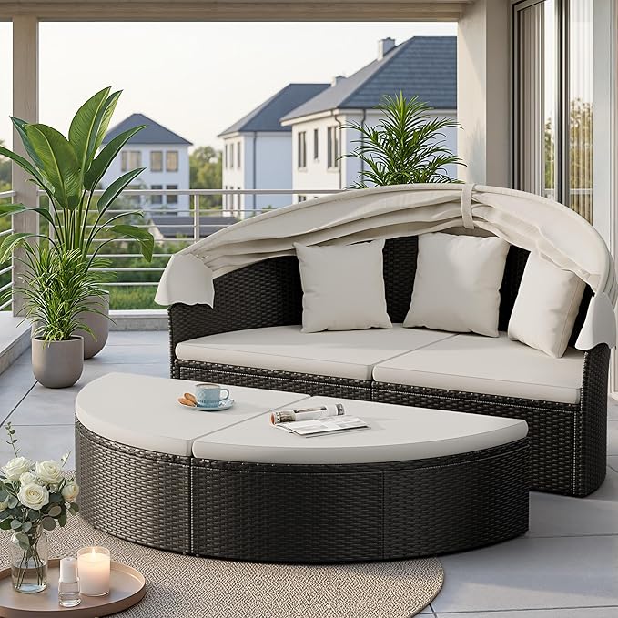 Devoko Patio Furniture Outdoor Round Daybed with Retractable Canopy Wicker Rattan Separated Seating Sectional Sofa for Patio Lawn Garden Backyard Porch