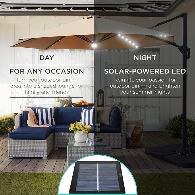 Best Choice Products 10ft Solar LED Cantilever Patio Umbrella, 360-Degree Rotation Hanging Offset Market Outdoor Sun Shade for Backyard, Deck, Poolside w/Lights, Easy Tilt, Cross Base