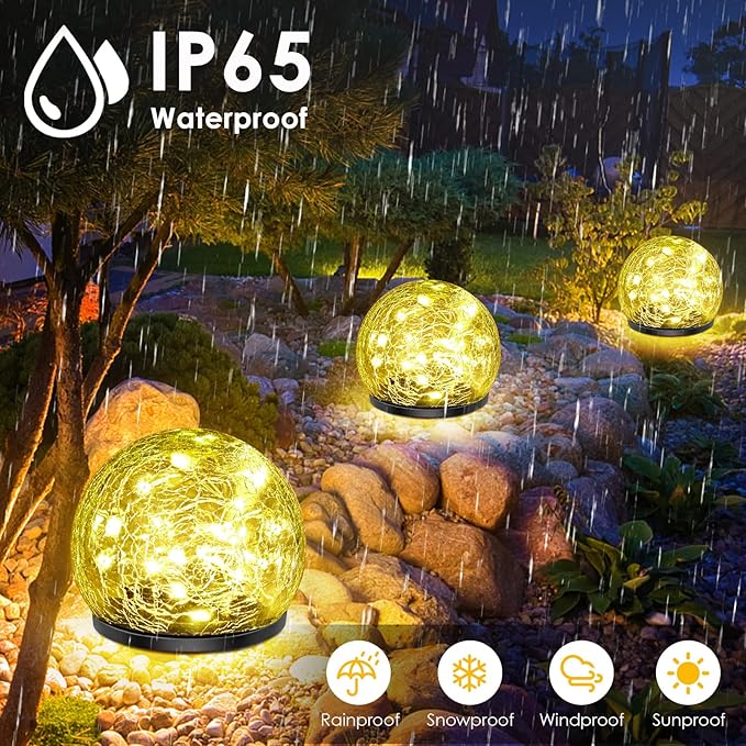 2 Pack 60 LED Solar Garden Lights Outdoor Decoration, Cracked Glass Solar Globe Lights, Upgraded Waterproof Warm White Ball Lights for Yard Pathway Patio Halloween Christmas Outside Decor