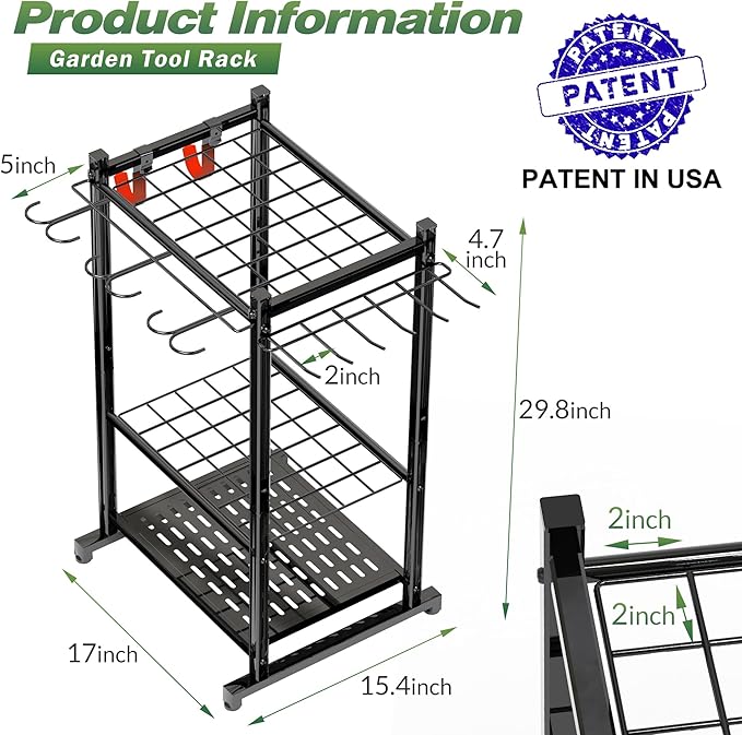 Garden Tool Organizer Rack Up to 50 Tools, Heavy-Duty Steel Yard Tool Organizer for Garage Storage with 11 Hooks, Broom Holder & Garden Tool Rack for Shed, Patio, Outdoor Use, Black