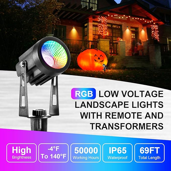 Outdoor Landscape Lighting, 6 Pack RGB Outdoor Spot Lights with Transformers and Remote, 12V Low Voltage Color Changing Landscape Lights IP65 Waterproof Plug in Outdoor Uplights for Yard House Tree