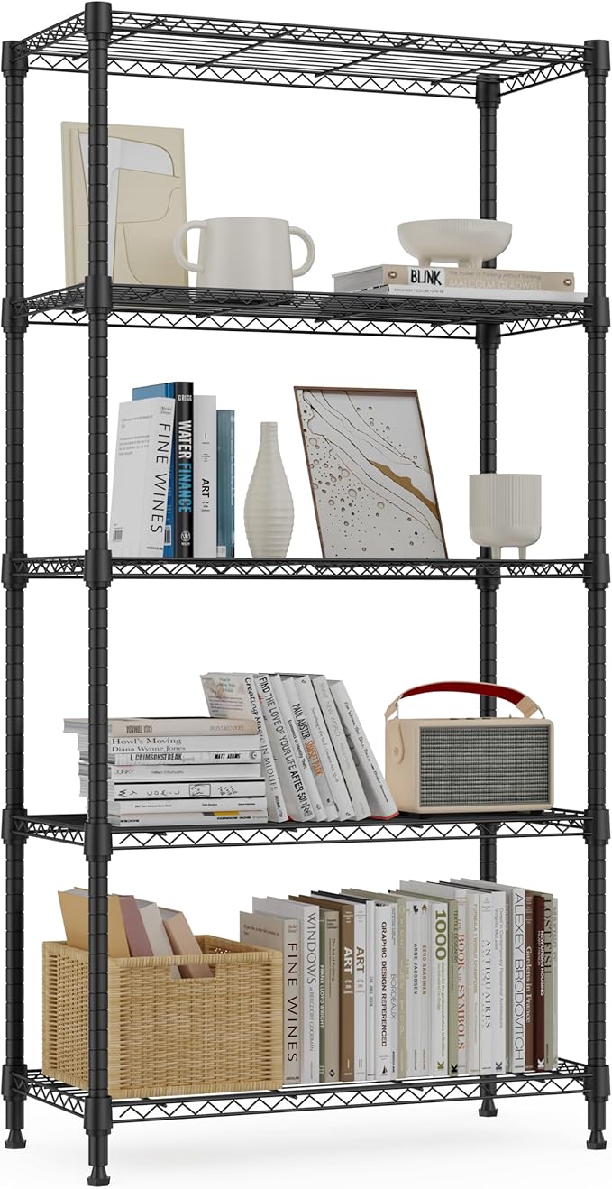 1250 lbs 5 Tier Shelf Metal Storage Shelves Wire Rack Closet Organizers for Garage Kitchen Bathroom Laundry Black 11.8" D x 29.5" W x 59.5" H