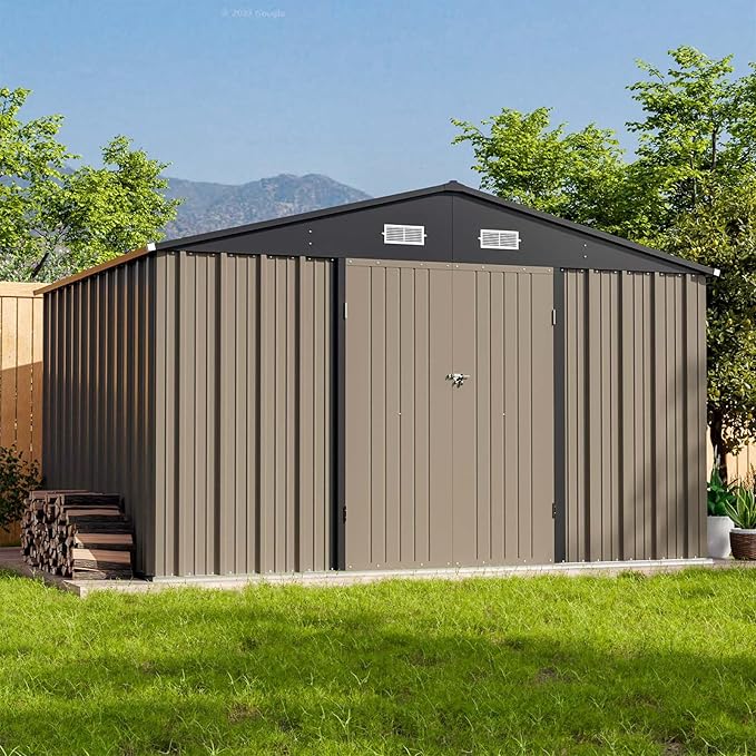 Patiowell 10 x 8 FT Outdoor Storage Shed with Floor Frame, Large Garden Tool Metal Shed with Sloping Roof and Double Lockable Door for Backyard Garden Patio Lawn,Brown