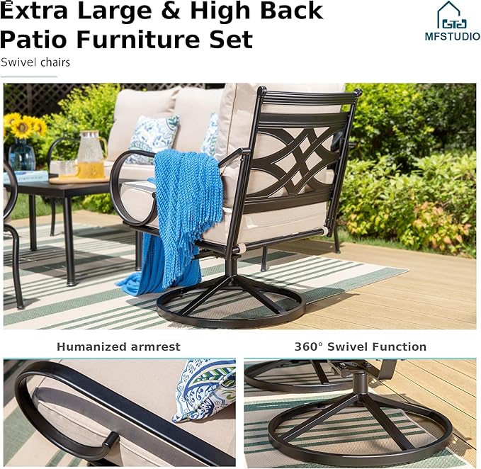 MFSTUDIO 7 Seats Large Metal Patio Conversation Sets, 5 Pieces Outdoor Furniture Sofa with 2 Swivel Chairs, 1 Sofa(3-seat), 1 Loveseat and Table for Outside Balcony Backyard Poolside