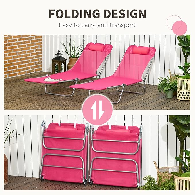 Outsunny 2 Piece Folding Chaise Lounge Chairs, Pool Sun Tanning Chairs with Reclining Back, Breathable Mesh Seat, Headrest for Beach, Yard, Patio, Pink