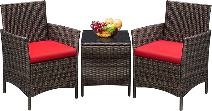 Greesum 3 Pieces Patio Furniture Sets Outdoor PE Rattan Wicker Chairs with Soft Cushion and Glass Coffee Table for Garden Backyard Porch Poolside, Brown and Red