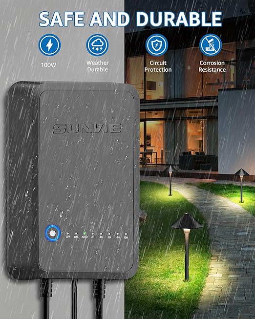 SUNVIE 100W Low Voltage Landscape Transformer Weatherproof Low Voltage Transformer with Photocell & Timer 120V AC to 12V DC Landscape Lighting Transformer for Outdoor Spotlights Path Lights Step Light