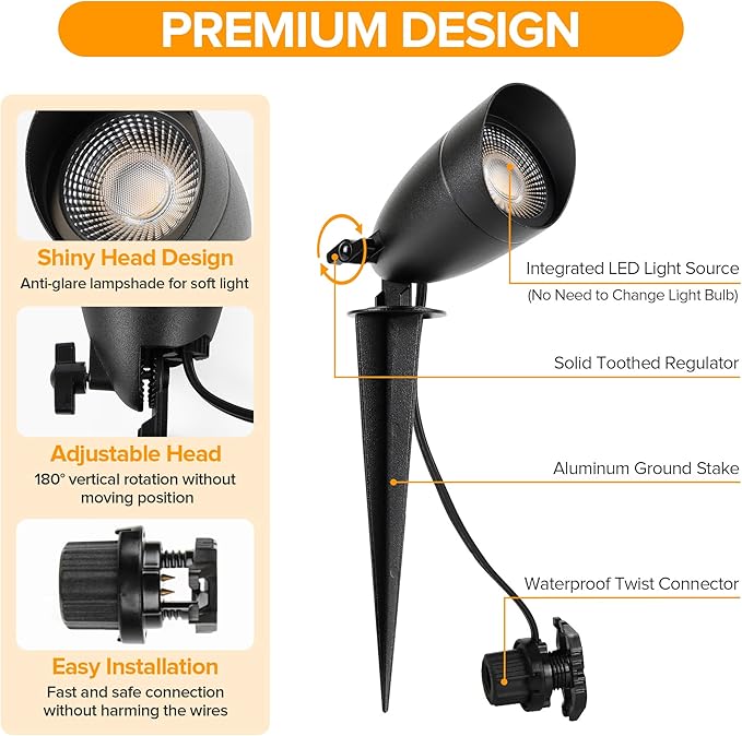 LUTEC 12V Low Voltage Landscape Lighting, Die-cast Aluminum Spot Lights with Connectors, IP65 Waterproof Outdoor Landscape Spotlights, 5W 550LM Warm White 3000K for Tree Garden Yard Pathway, 1 Pack