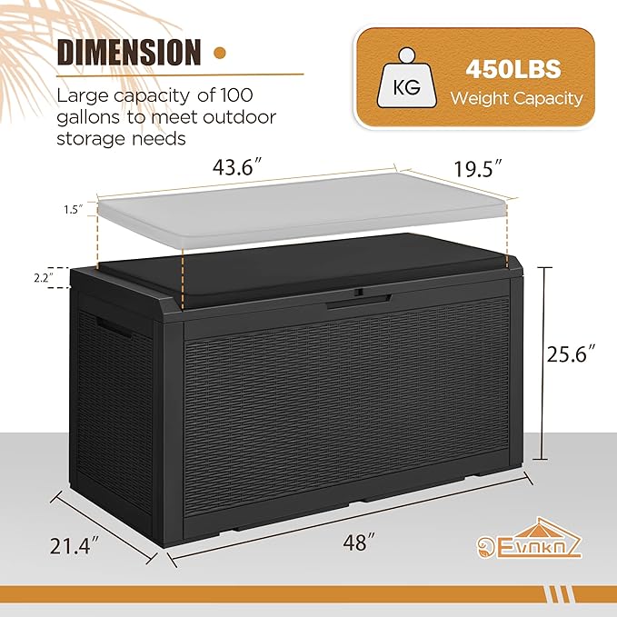 Devoko 100 Gallon Waterproof Large Resin Deck Box Outdoor Storage Box Indoor Lockable Storage Container with Cushion for Patio Furniture Garden Pool Cushions (Black)