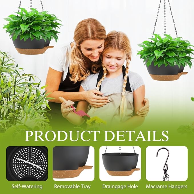 10 Inch Hanging Baskets 2 PC with Chains, Self-Watering Hanging Planters for Indoor Outdoor Plants, Plastic Hanging Flower Pots,Black Brown
