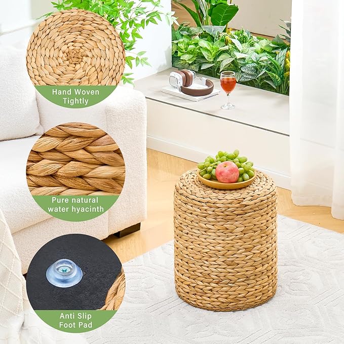 Wimarsbon Round Pouf Ottomans, Handwoven Natural Water Hyacinth Seagrass Pouffe,Outdoor Rattan Stool Accent Seat, Bohemian Coastal Home Decor (14inch Water Hyacinth Braid)