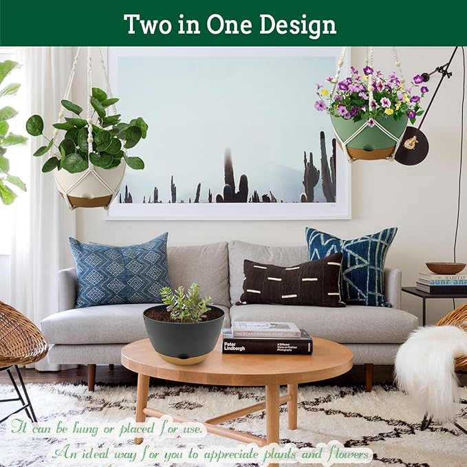 3 Pack Hanging Planters Set, 8 Inch Indoor Outdoor Hanging Plant Pot Basket,Hanging Flower Pot with Drainage Hole with 3 Hooks for Garden Home(8 inch Combination)