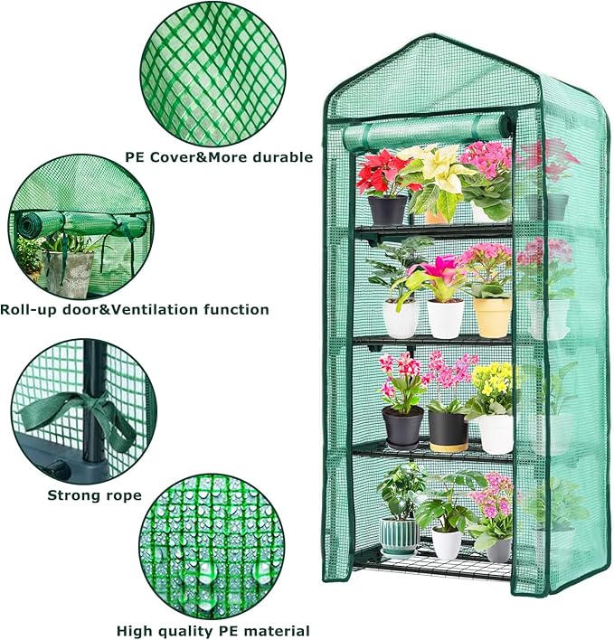 Mini Greenhouse for Indoor Outdoor,Plant Green House 4-Tier Rack Stand Portable Greenhouses with Durable PE Cover for Seedling, 2.5x1.6x5.2 FT Ideal Gardening Gifts for Women Men(PLGH704G)