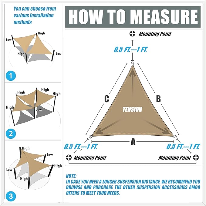 Amgo Custom Size 13' x 15' x 19.8' Gray Right Triangle Sun Shade Sail UPF50+ AGTAPRT12, Order to Make Canopy Awning, 95% UV Blockage, Water & Air Permeable, Commercial Standard (We Customize)