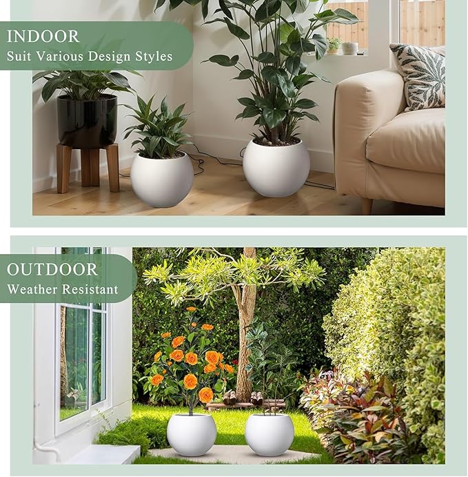10 H x 14" Dia (10" Pot Opening) Round Fiberstone Planter with Drainage Hole, White, Indoor/Outdoor Large Plant Pot for Home Patio Garden, Ideal for Large Plants