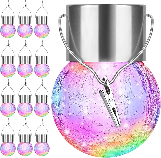 12Pack Outdoor Hanging Solar Lights - Cracked Glass Solar Lights Waterproof LED Decorative Ball Lights Tree Solar Powered Globe Lights with Hook for Garden Yard Fence Christmas Decoration, Multicolor