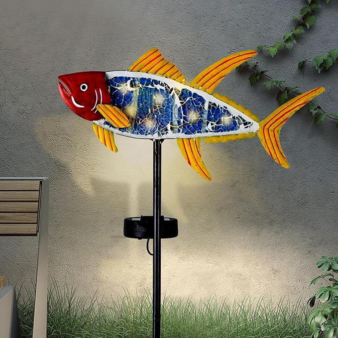 Yiosax-Solar Outdoor Lights Decorative-Yard Outdoor Decorative - Garden Stakes Fish Decorative Waterproof 7 LED Light Decor Ocean Beach Theme for Lawn Path Yard Decoration Gift Idea