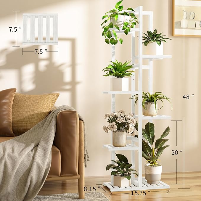 6 Tier Bamboo Plant Stand Indoor, Wood Tall Flower Holder Corner Tiered Plant Shelf for Multiple Plants (White)