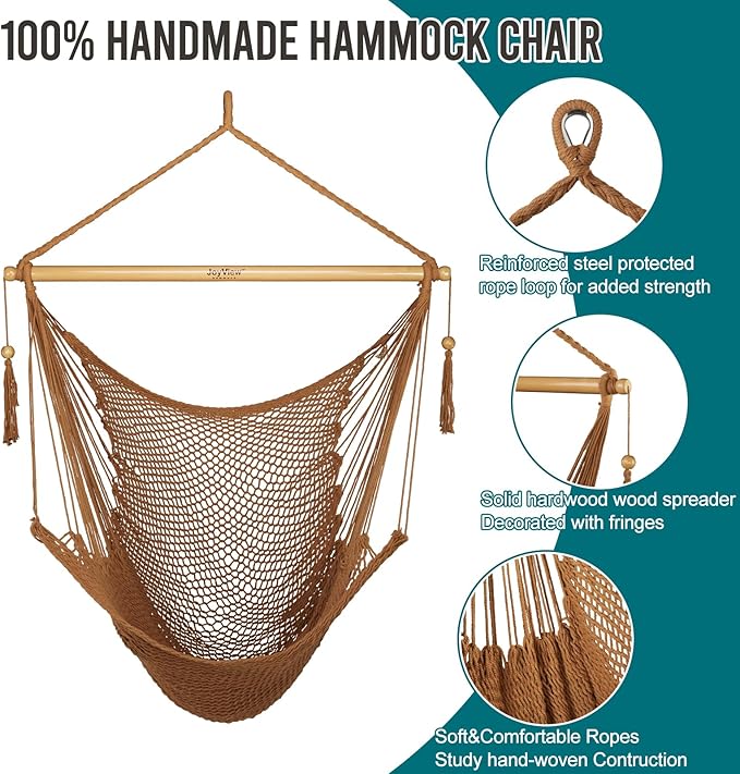 JoyView Hammock Chair with Spreader Bar Caribbean Hammock Swing Chair 300 LBS Weight Capacity XL Rope Hanging Chair for Outdoor Indoor Garden Yard - Brown