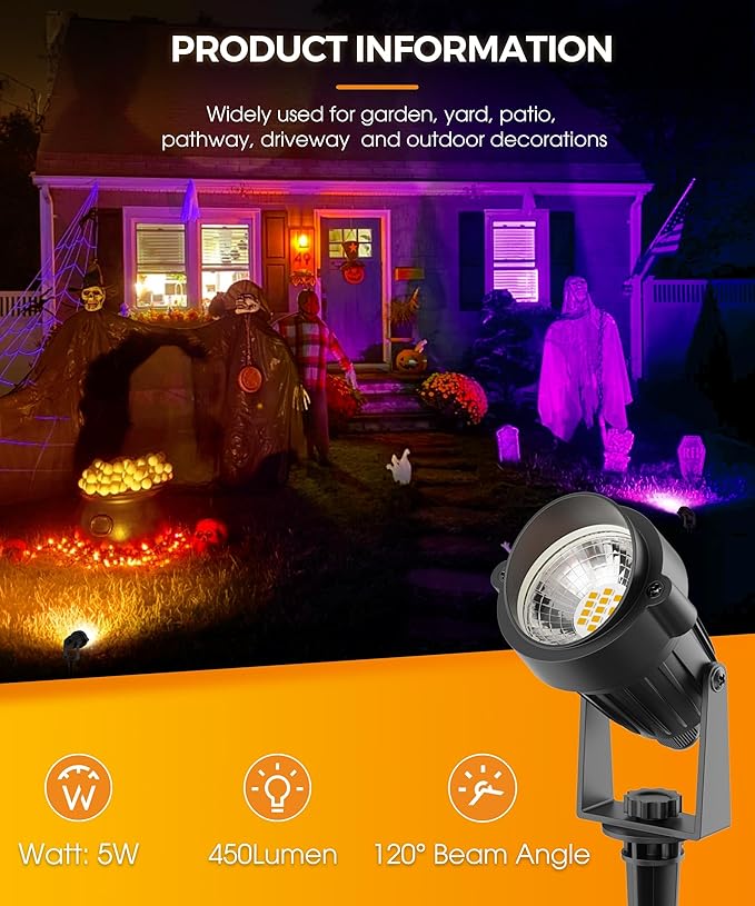 L LOHAS LED Halloween Orange and Purple Spotlights Outdoor, Auto On/Off 5W 120V Landscape Lighting for for House, Holiday, Trees, Decoration, 450LM IP66 Waterproof, UL Listed, 2 Pack
