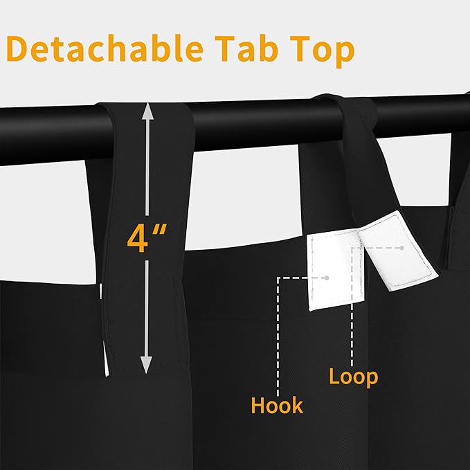 Easy-Going Outdoor Patio Curtains Detachable Tab Top Windproof Weatherproof Curtain for Cabana, Porch, Pergola and Gazebo, Tab Bottom Drape, 2 Panels, 54W x 96L inch, Black