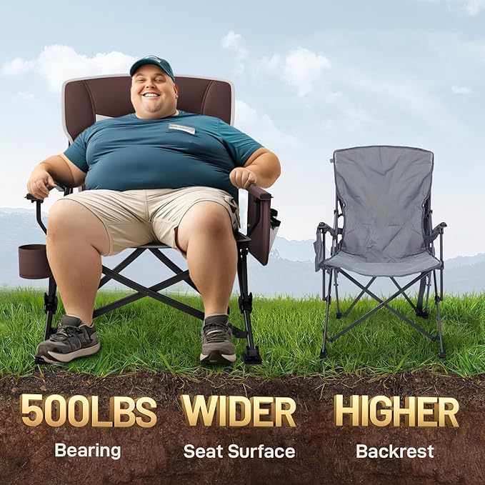 EVER ADVANCED Oversized Folding Camping Chair, for Adults Heavy Duty Lawn Chair with Side Pockets, Portable Collapsible Quad Chair for Outside, Support Up to 500lbs, Red
