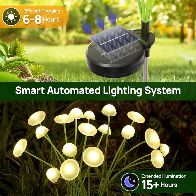 Solar Garden Lights, 4-Pack Dual Mode LED Solar Mushroom Lights, Waterproof Firefly Outdoor Decor for Yard, Patio, and Pathway – Warm White Jellyfish Ambiance