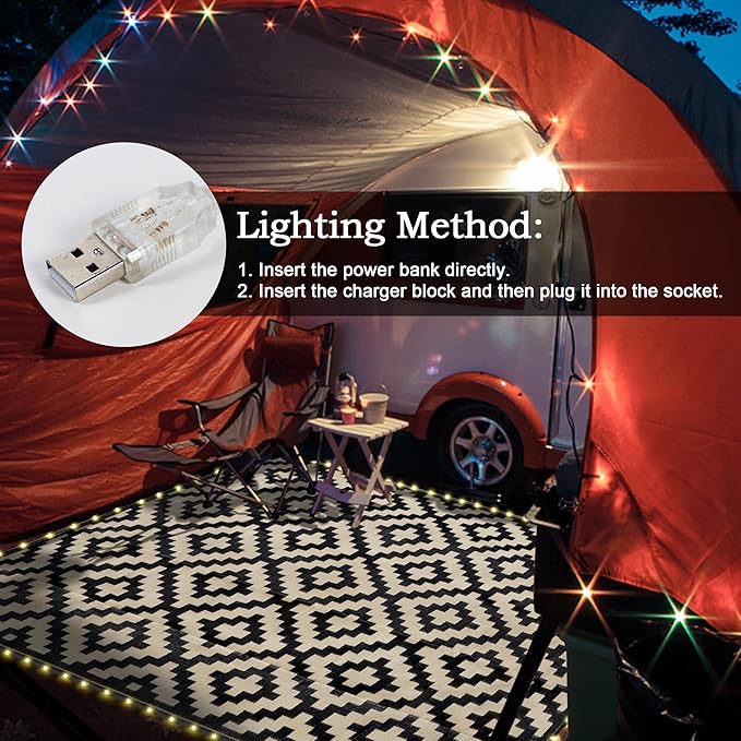 SAND MINE Reversible Mats with Led Strip Lights, Plastic Straw Rug, Modern Area Rug, Large Floor Mat for Outdoors, Patio, Backyard, Deck, Picnic, Camping, Black & Beige, 6' x 9'