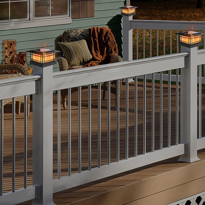 Dynaming 6 Pack Solar Post Cap Lights Outdoor with Flickering Flame Light, Fence Post Solar Lights Fit for 4x4 5x5 6x6 Vinyl/Wooden Posts, High Brightness SMD LED Lighting Decor for Garden Deck Patio