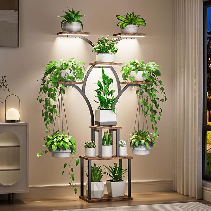 Elbourn Plant Stand Indoor with Grow Lights - 60" Tall Metal Plant Shelf for Multiple Plants, 8 Tiered Corner Plant Stands for Indoor Plants, X - Shaped Decorative Rack for Home, Living Room & Patio Decor (Brown)